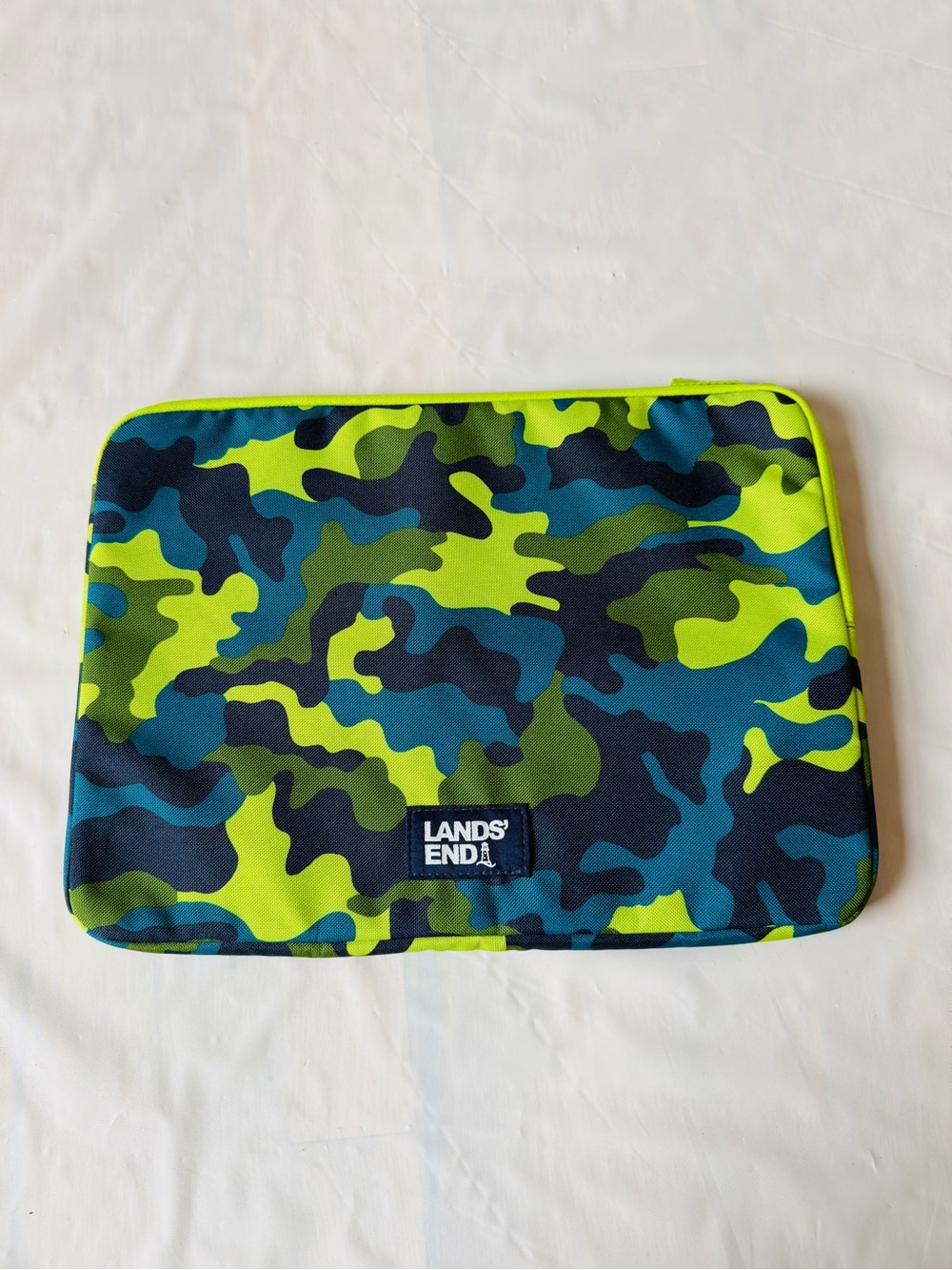 Lands' End neon camo laptop sleeve blue and lime green padded tech case nWOT